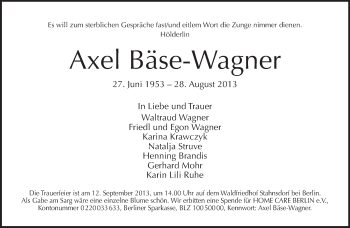 Traueranzeige von Axel Bäse-Wagner von Tagesspiegel