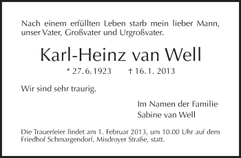 Traueranzeige von Karl-Heinz van Well von Tagesspiegel