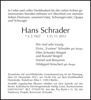 Traueranzeige von Hans Schrader von Tagesspiegel