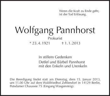 Traueranzeige von Wolfgang Pannhorst von Tagesspiegel