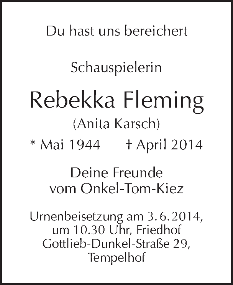  Traueranzeige für Rebekka Fleming vom 25.05.2014 aus Tagesspiegel