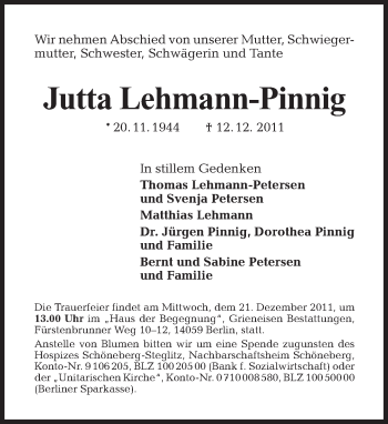 Traueranzeige von Jutta Lehmann-Pinnig von Tagesspiegel