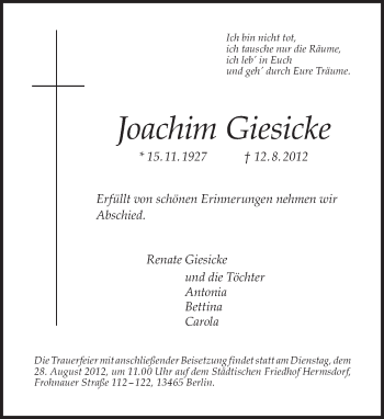 Traueranzeige von Joachim Giesicke von Tagesspiegel