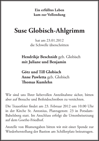 Traueranzeige von Suse Globisch-Ahlgrimm von Tagesspiegel