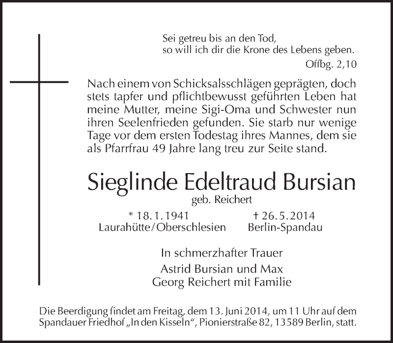  Traueranzeige für Sieglinde Edeltraud Bursian vom 01.06.2014 aus Tagesspiegel