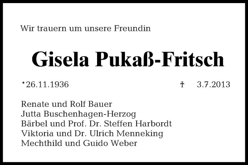  Traueranzeige für Gisela Pukaß-Fritsch vom 07.07.2013 aus Tagesspiegel