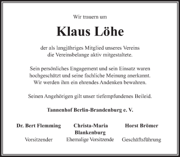 Traueranzeige von Klaus Löhe von Tagesspiegel
