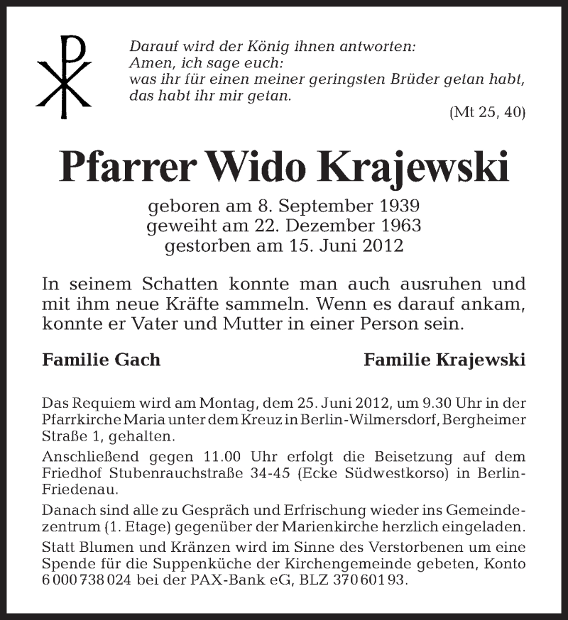  Traueranzeige für Wido Krajewski vom 24.06.2012 aus Tagesspiegel