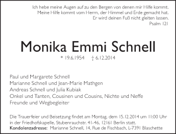 Traueranzeige von Monika Emmi Schnell von Tagesspiegel