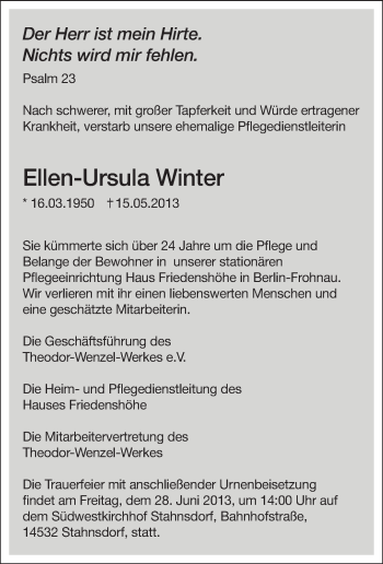 Traueranzeige von Ellen-Ursula Winter von Tagesspiegel