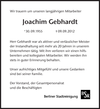 Traueranzeige von Joachim Gebhardt von Tagesspiegel