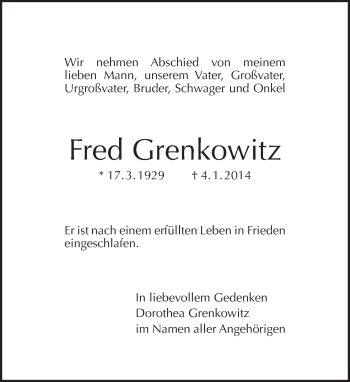 Traueranzeige von Fred Grenkowitz von Tagesspiegel