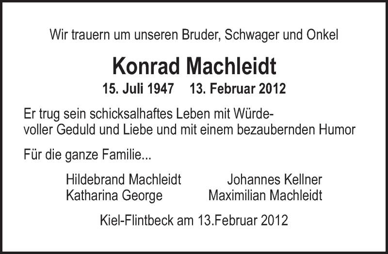  Traueranzeige für Konrad Machleidt vom 19.02.2012 aus Tagesspiegel