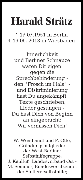 Traueranzeige von Harald Strätz von Tagesspiegel