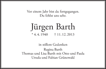 Traueranzeige von Jürgen Barth von Tagesspiegel