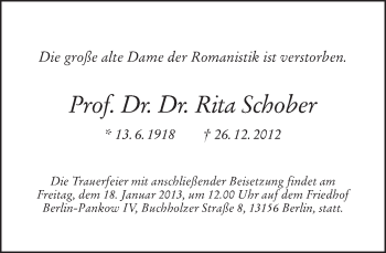 Traueranzeige von Rita Schober von Tagesspiegel