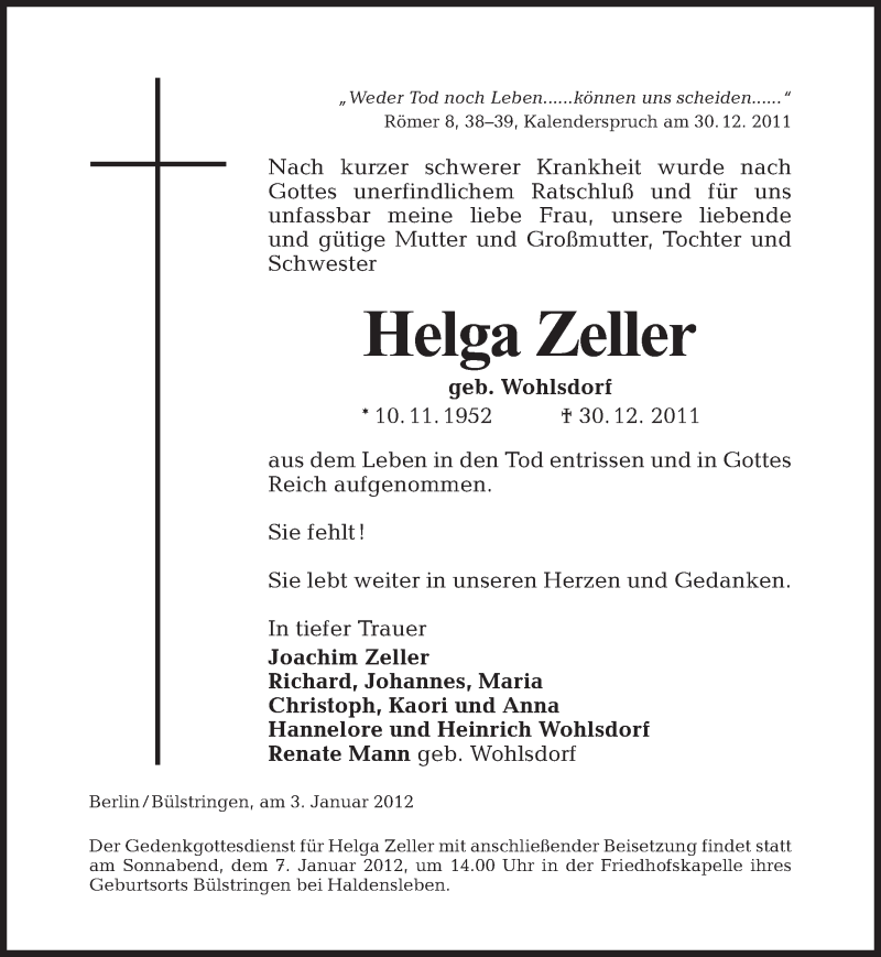  Traueranzeige für Helga Zeller vom 04.01.2012 aus Tagesspiegel