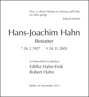 Traueranzeige von Hans-Joachim Hahn von Tagesspiegel