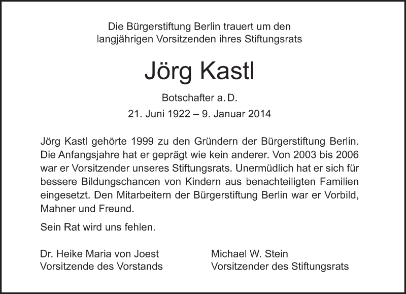  Traueranzeige für Jörg Kastl vom 19.01.2014 aus Tagesspiegel