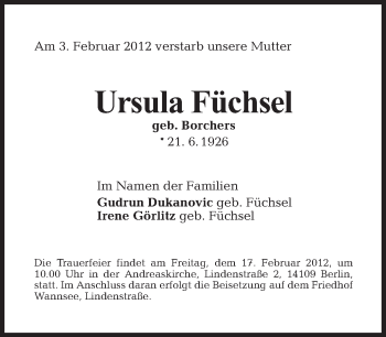 Traueranzeige von Ursula Füchsel von Tagesspiegel