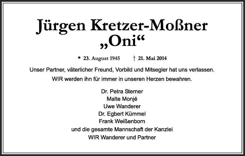  Traueranzeige für Jürgen Kretzer-Moßner vom 01.06.2014 aus Tagesspiegel
