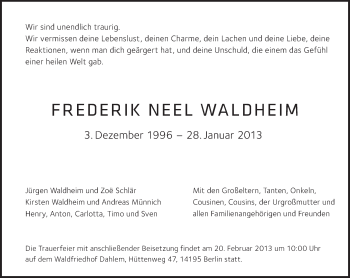 Traueranzeige von Frederik Neel Waldheim von Tagesspiegel