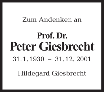 Traueranzeige von Peter Giesbrecht von Tagesspiegel