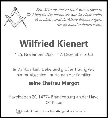 Traueranzeige von Wilfried Kienert von Tagesspiegel