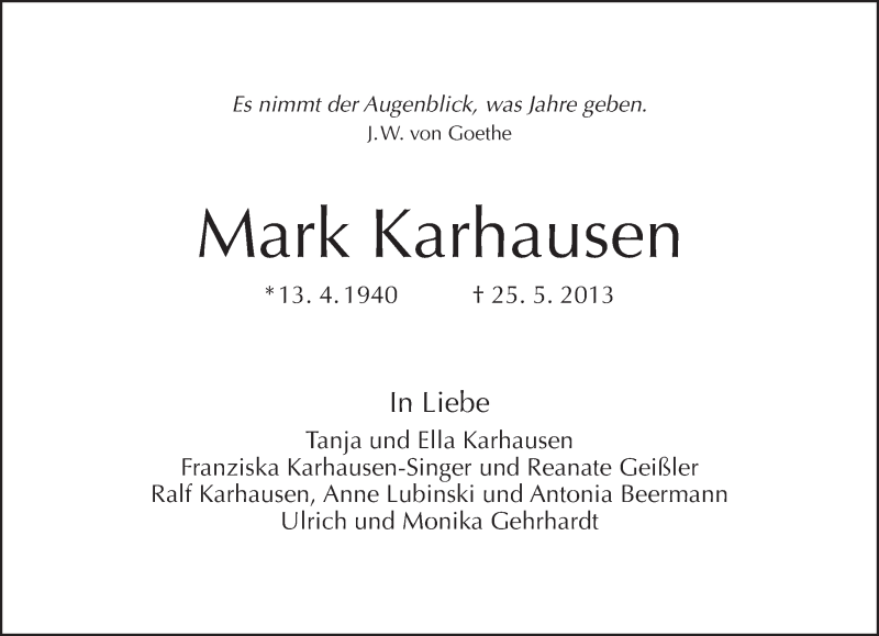  Traueranzeige für Mark Karhausen vom 02.06.2013 aus Tagesspiegel