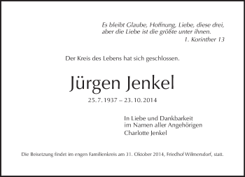 Traueranzeige von Jürgen Jenkel von Tagesspiegel