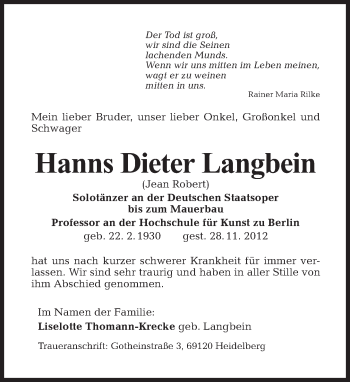 Traueranzeige von Hanns Dieter Langbein von Tagesspiegel