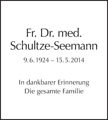 Traueranzeige von Fr. Schultze-Seemann von Tagesspiegel