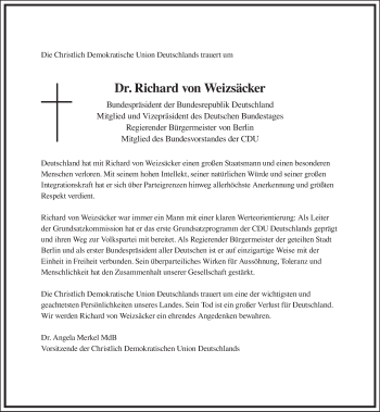 Traueranzeige von Richard von Weizsäcker von Tagesspiegel