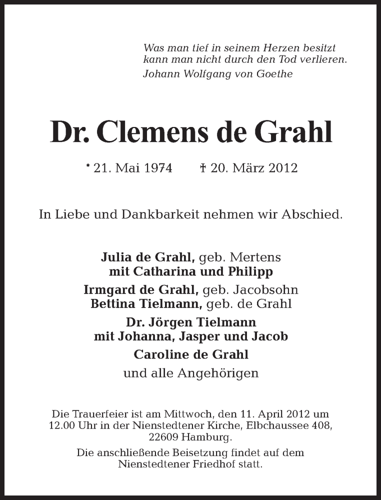  Traueranzeige für Clemens de Grahl vom 01.04.2012 aus Tagesspiegel
