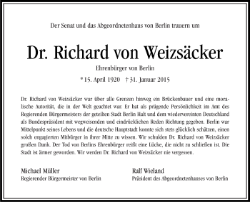 Traueranzeige von Richard von Weizsäcker von Tagesspiegel