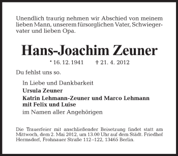 Traueranzeige von Hans-Joachim Zeuner von Tagesspiegel