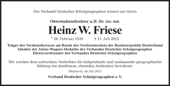 Traueranzeige von Heinz W. Friese von Tagesspiegel