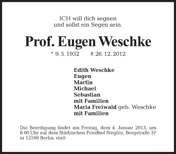 Traueranzeige von Eugen Weschke von Tagesspiegel