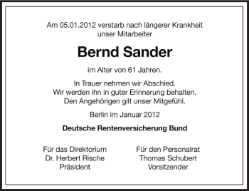 Traueranzeige von Bernd Sander von Tagesspiegel