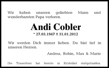 Traueranzeige von Andi Cobler von Tagesspiegel