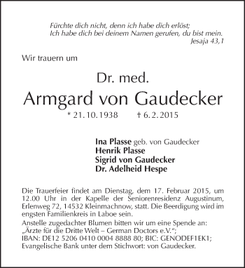 Traueranzeige von Armgard von Gaudecker von Tagesspiegel