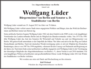 Traueranzeige von Wolfgang Lüder von Tagesspiegel