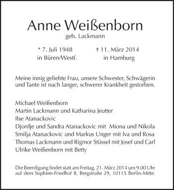 Traueranzeige von Anne Weißenborn von Tagesspiegel