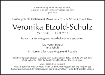 Traueranzeige von Veronika Etzold-Schulz von Tagesspiegel