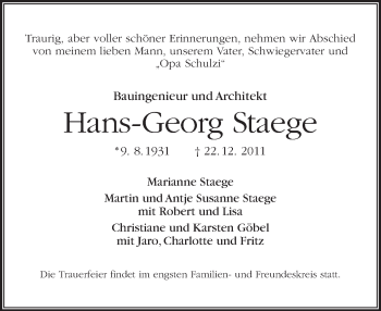 Traueranzeige von Hans-Georg Staege von Tagesspiegel