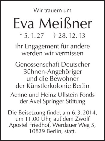 Traueranzeige von Eva Meißner von Tagesspiegel