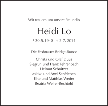 Traueranzeige von Heidi Lo von Tagesspiegel