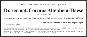 Traueranzeige von Corinna Altenhein-Haese von Tagesspiegel