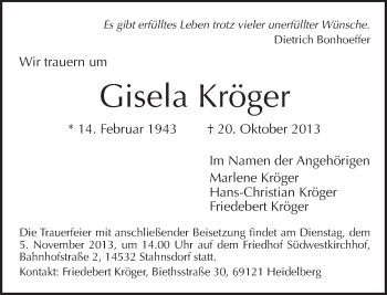 Traueranzeige von Gisela Kröger von Tagesspiegel