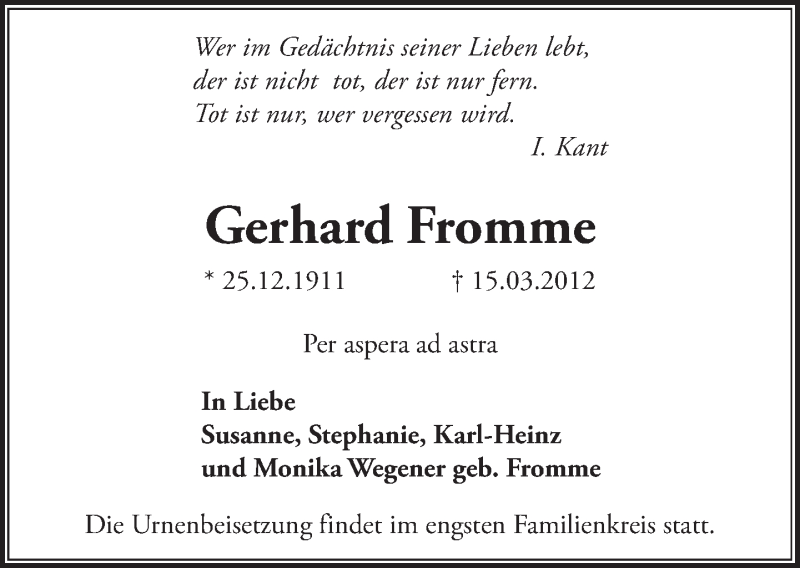  Traueranzeige für Gerhard Fromme vom 31.03.2012 aus Tagesspiegel